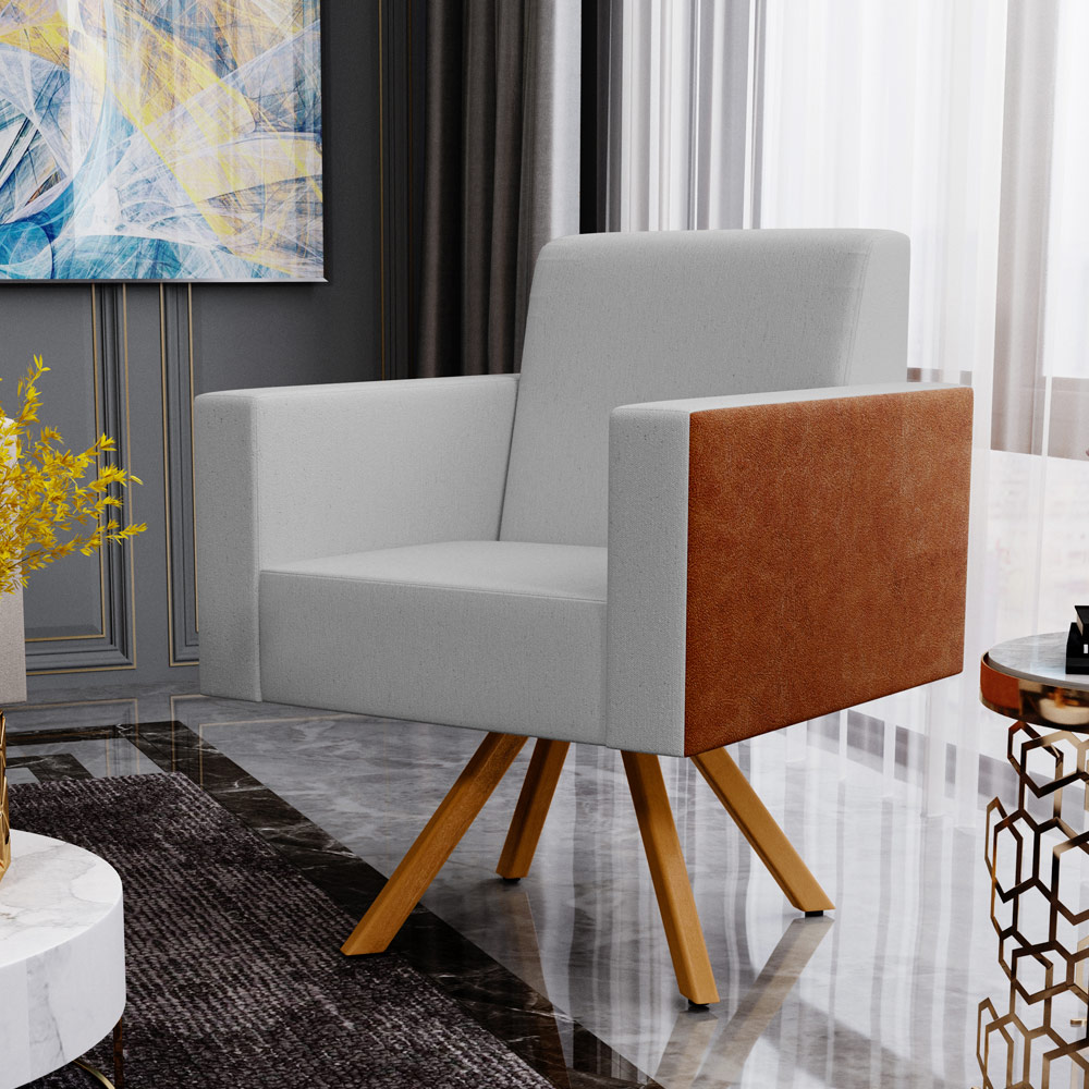 Kit 02 Poltronas Decorativa Base Giratória de Madeira Helô L02 Linho Cinza Couríssimo Camel - Lyam Decor