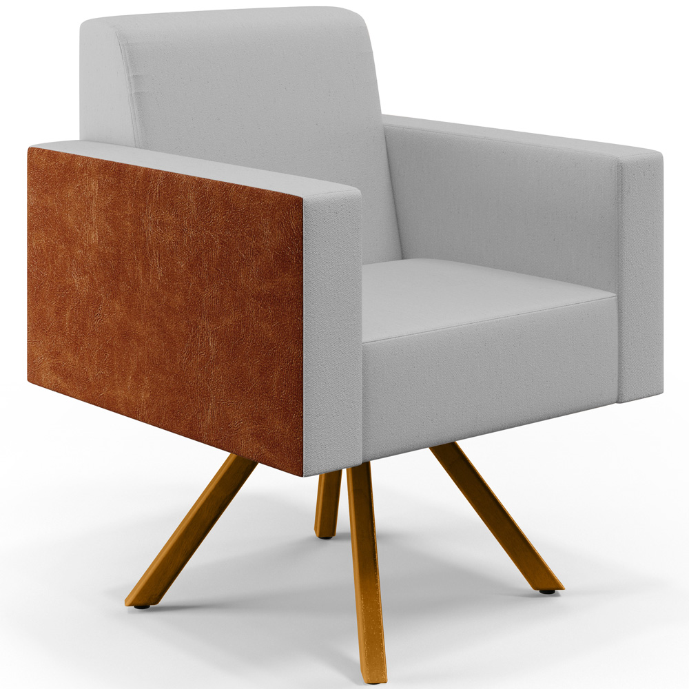 Kit 02 Poltronas Decorativa Base Giratória de Madeira Helô L02 Linho Cinza Couríssimo Camel - Lyam Decor