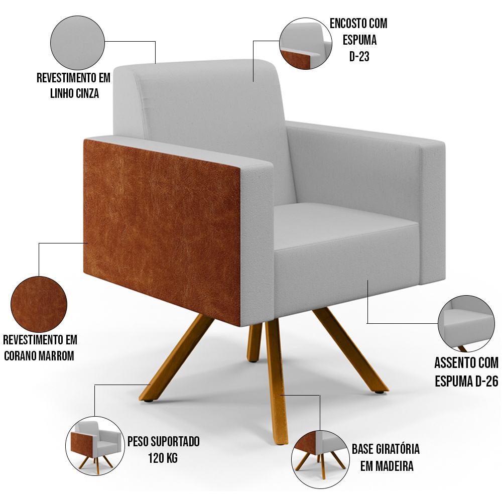 Kit 02 Poltronas Decorativa Base Giratória de Madeira Helô L02 Linho Cinza Couríssimo Camel - Lyam Decor