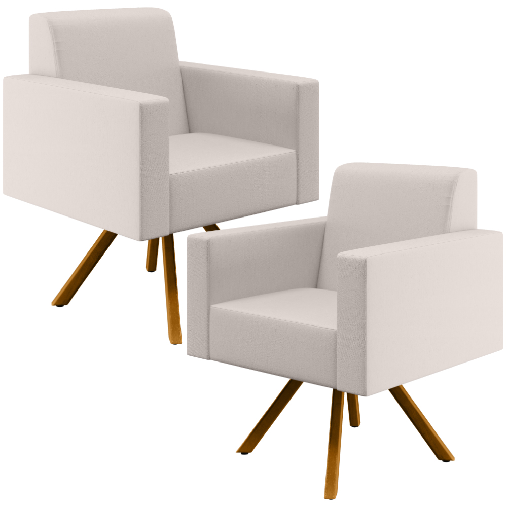 Kit 02 Poltronas Decorativa Base Giratória de Madeira Helô L02 Linho Cru - Lyam Decor