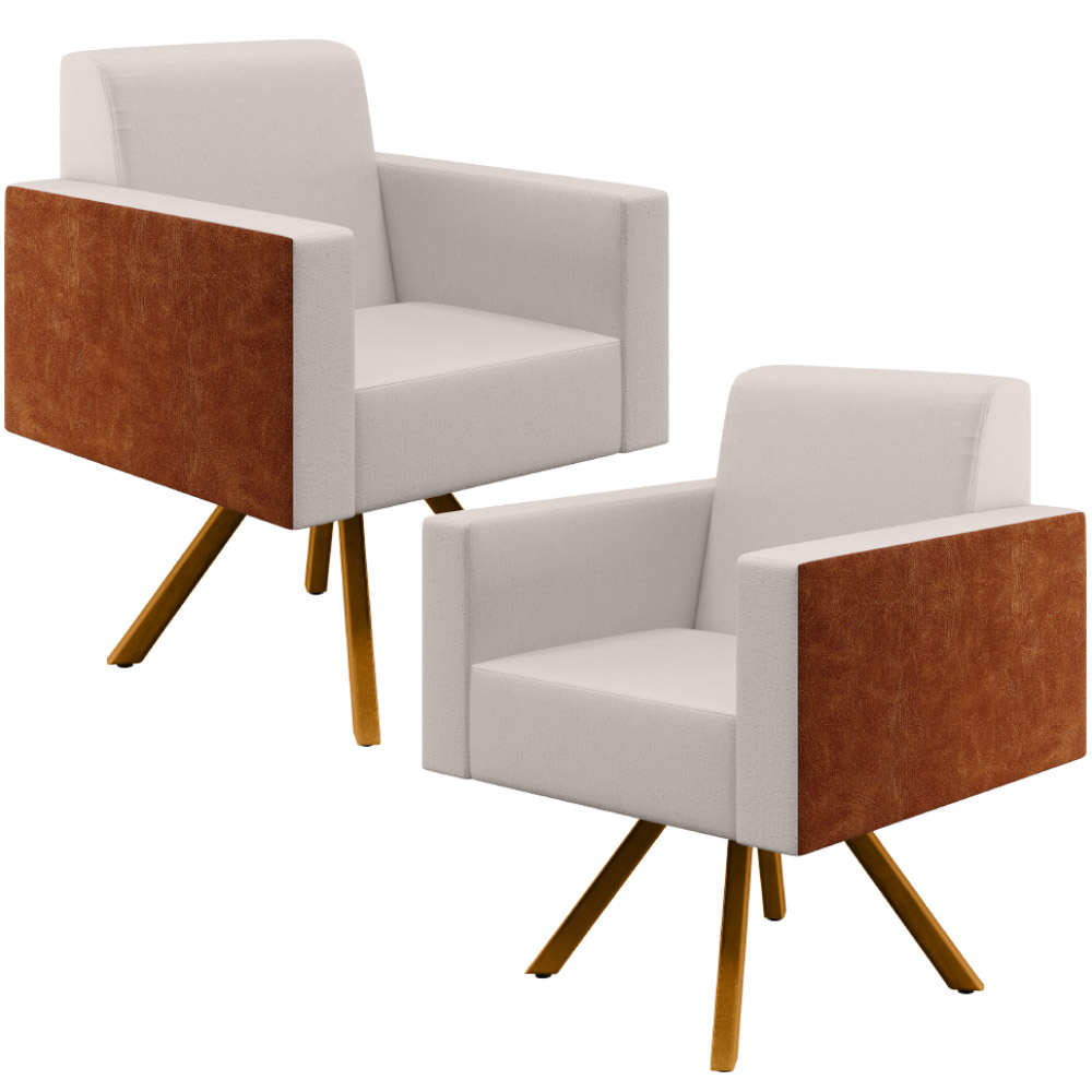 Kit 02 Poltronas Decorativa Base Giratória de Madeira Helô L02 Linho Cru Couríssimo Camel - Lyam Decor