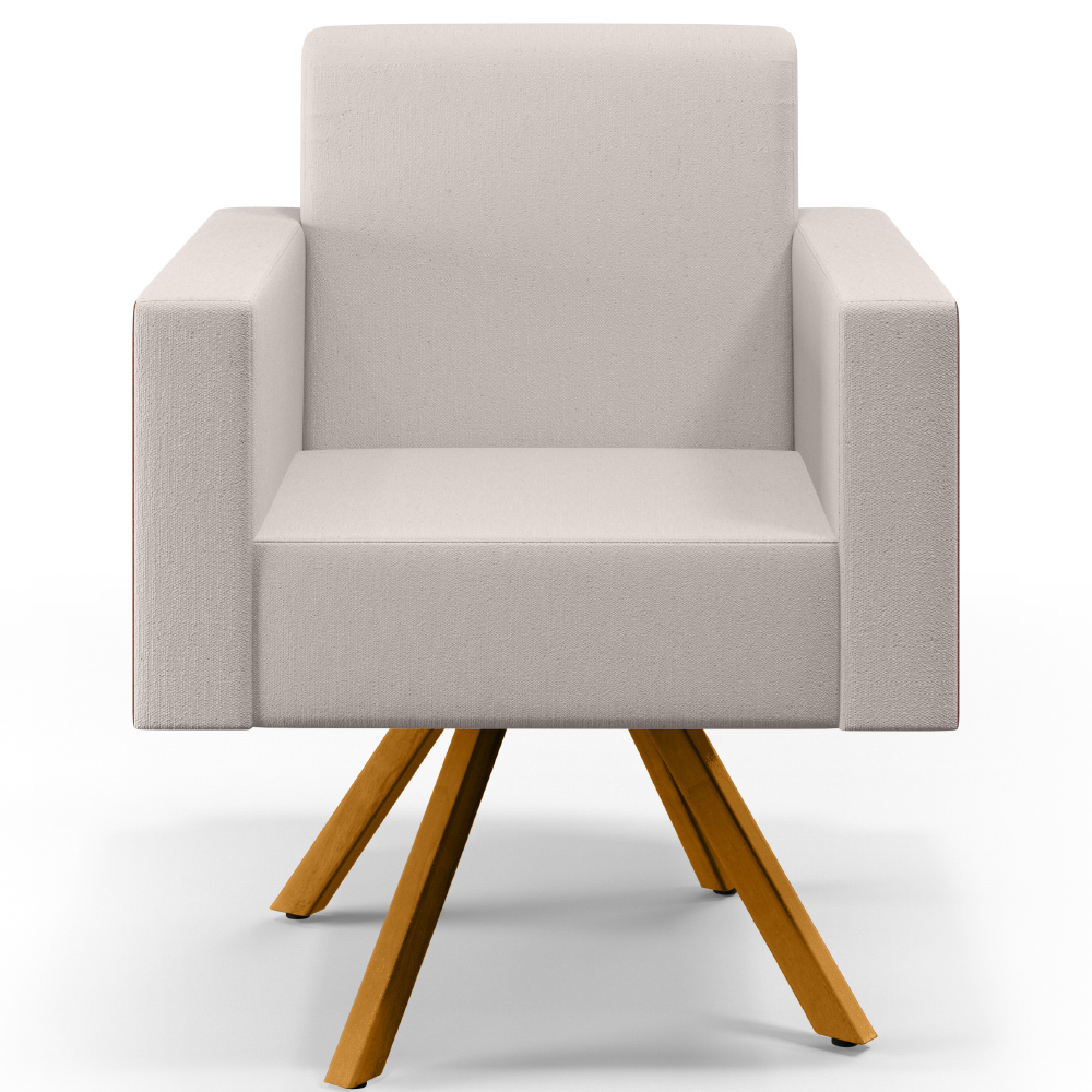 Kit 02 Poltronas Decorativa Base Giratória de Madeira Helô L02 Linho Cru Couríssimo Camel - Lyam Decor
