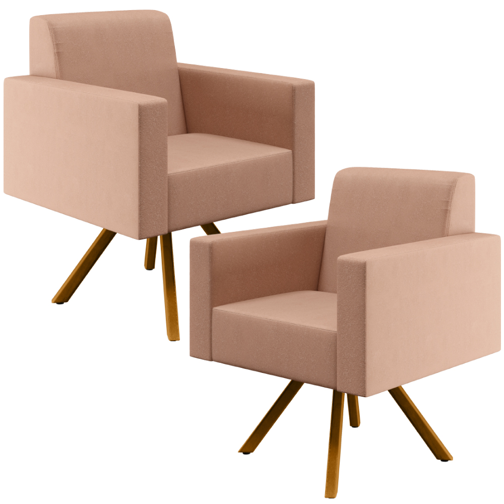 Kit 02 Poltronas Decorativa Base Giratória de Madeira Helô L02 Linho Rosê - Lyam Decor