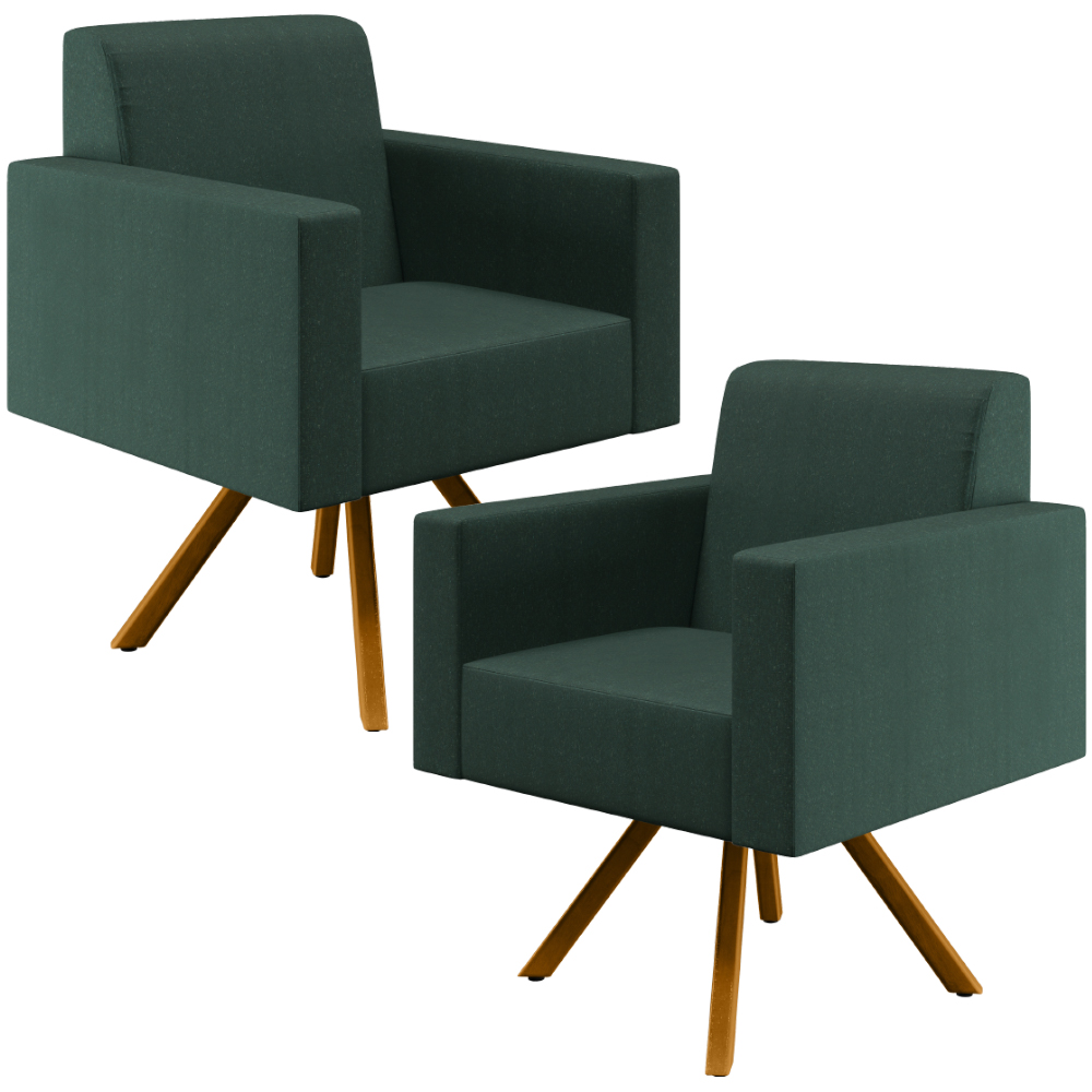 Kit 02 Poltronas Decorativa Base Giratória de Madeira Helô L02 Linho Verde Musgo - Lyam Decor