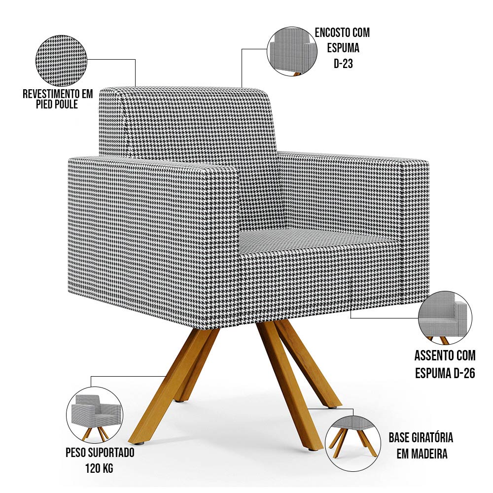 Kit 02 Poltronas Decorativa Base Giratória de Madeira Helô L02 Pied Poule - Lyam Decor