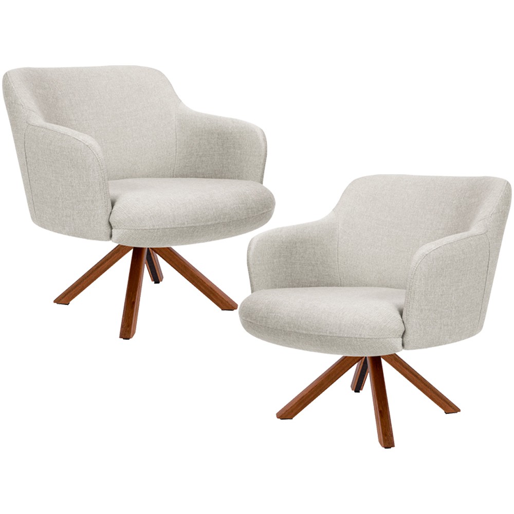 Kit 02 Poltronas Decorativa Base Giratória de Madeira Jade D02 Linho Bege C-107 - Lyam Decor