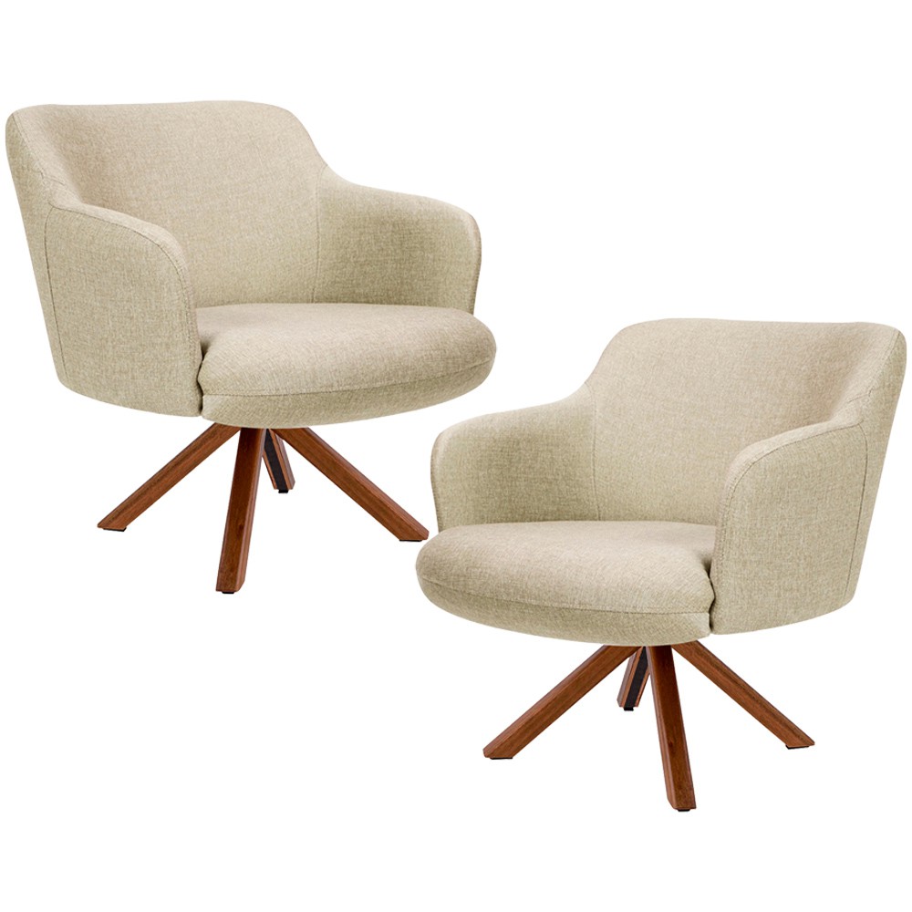 Kit 02 Poltronas Decorativa Base Giratória de Madeira Jade D02 Linho Bege C-129 - Lyam Decor