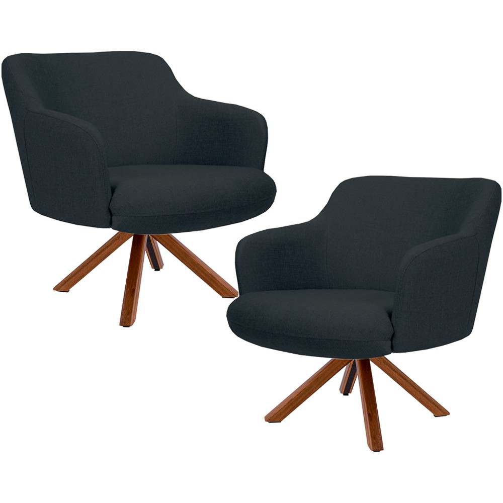 Kit 02 Poltronas Decorativa Base Giratória de Madeira Jade D02 Linho Chumbo C-465 - Lyam Decor