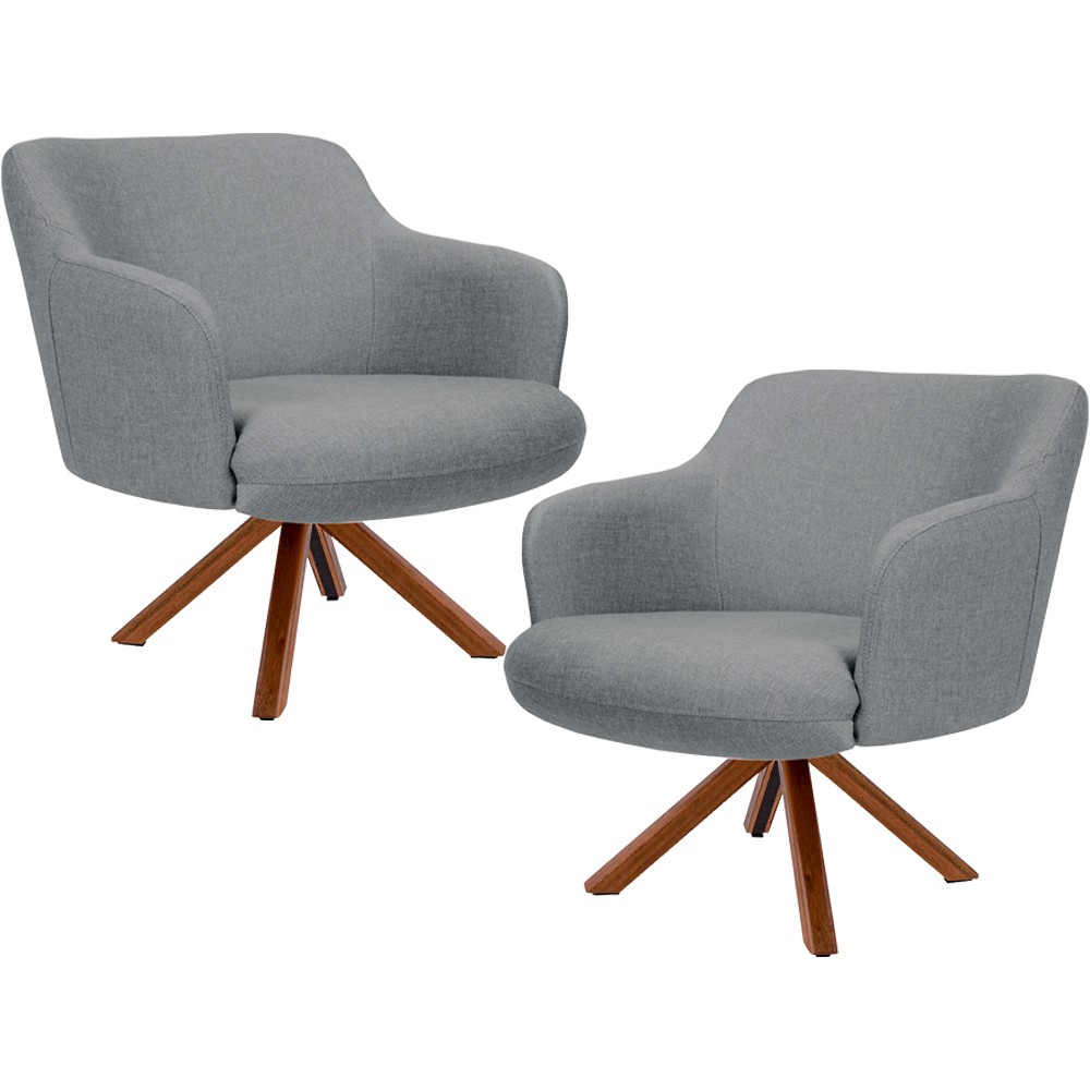 Kit 02 Poltronas Decorativa Base Giratória de Madeira Jade D02 Linho Cinza C-416 - Lyam Decor