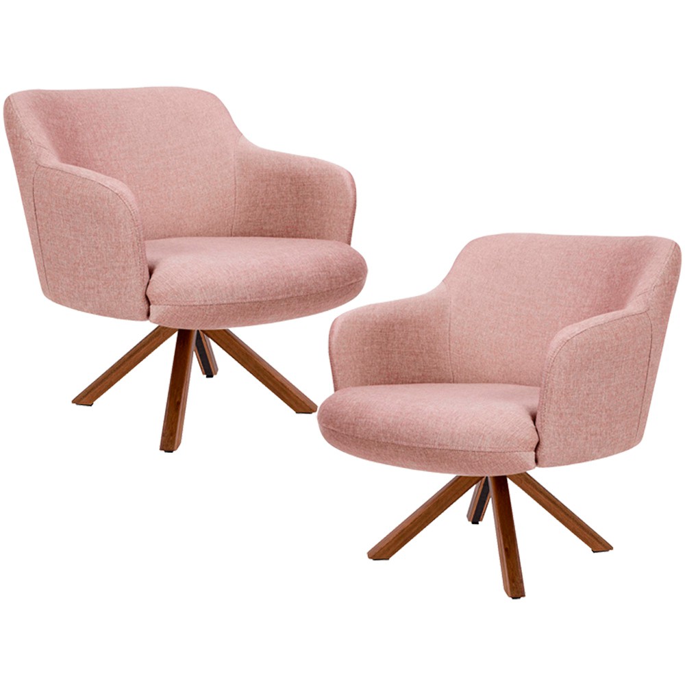 Kit 02 Poltronas Decorativa Base Giratória de Madeira Jade D02 Linho Rosa C-105 - Lyam Decor