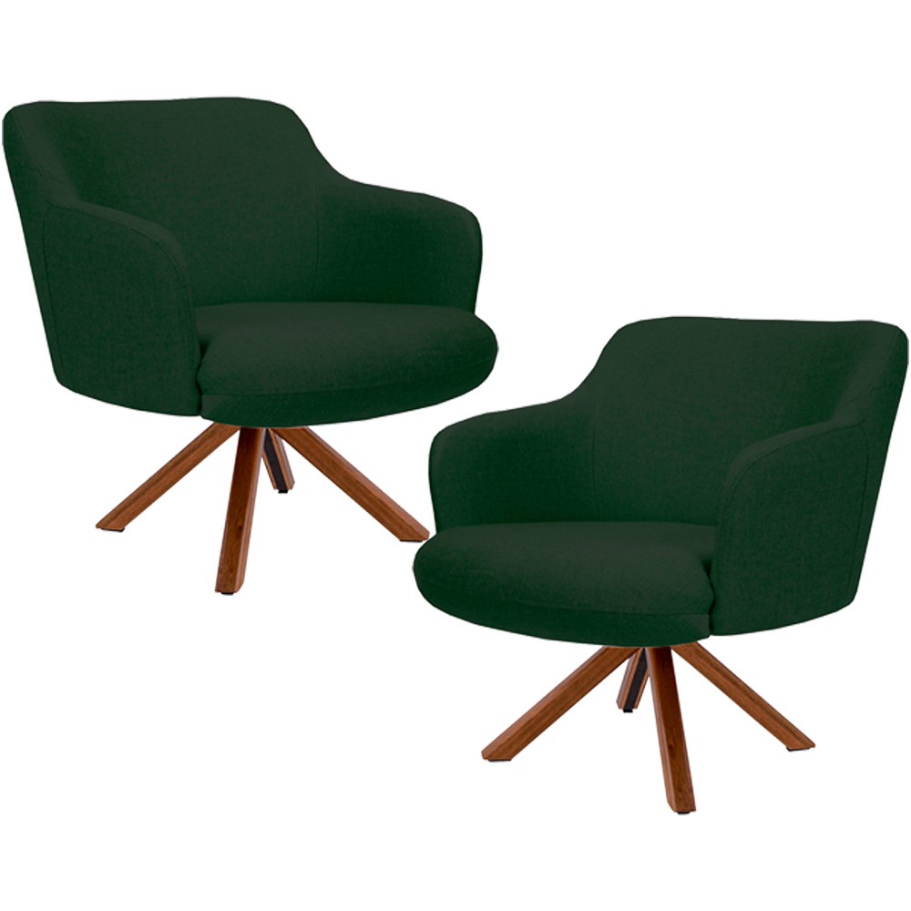 Kit 02 Poltronas Decorativa Base Giratória de Madeira Jade D02 Linho Verde C-117 - Lyam Decor