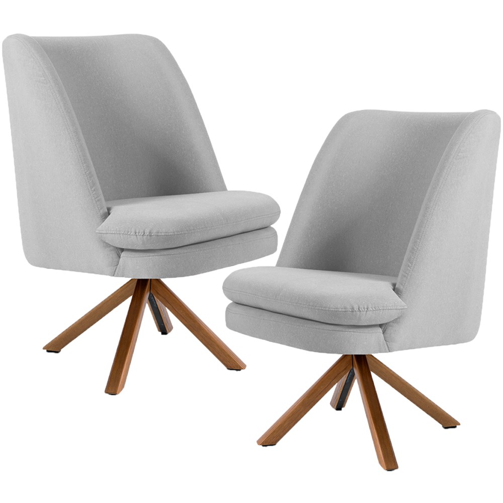 Kit 02 Poltronas Decorativa Base Giratória de Madeira Pérsia D02 Linho Cinza C-315 - Lyam Decor