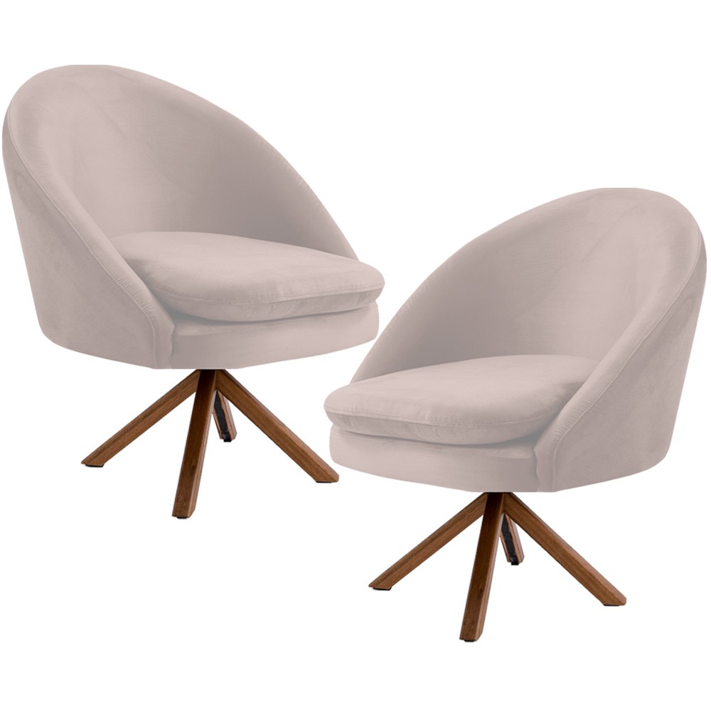 Kit 02 Poltronas Decorativa Base Giratória de Madeira Rafa D02 Veludo Bege C-309 - Lyam Decor