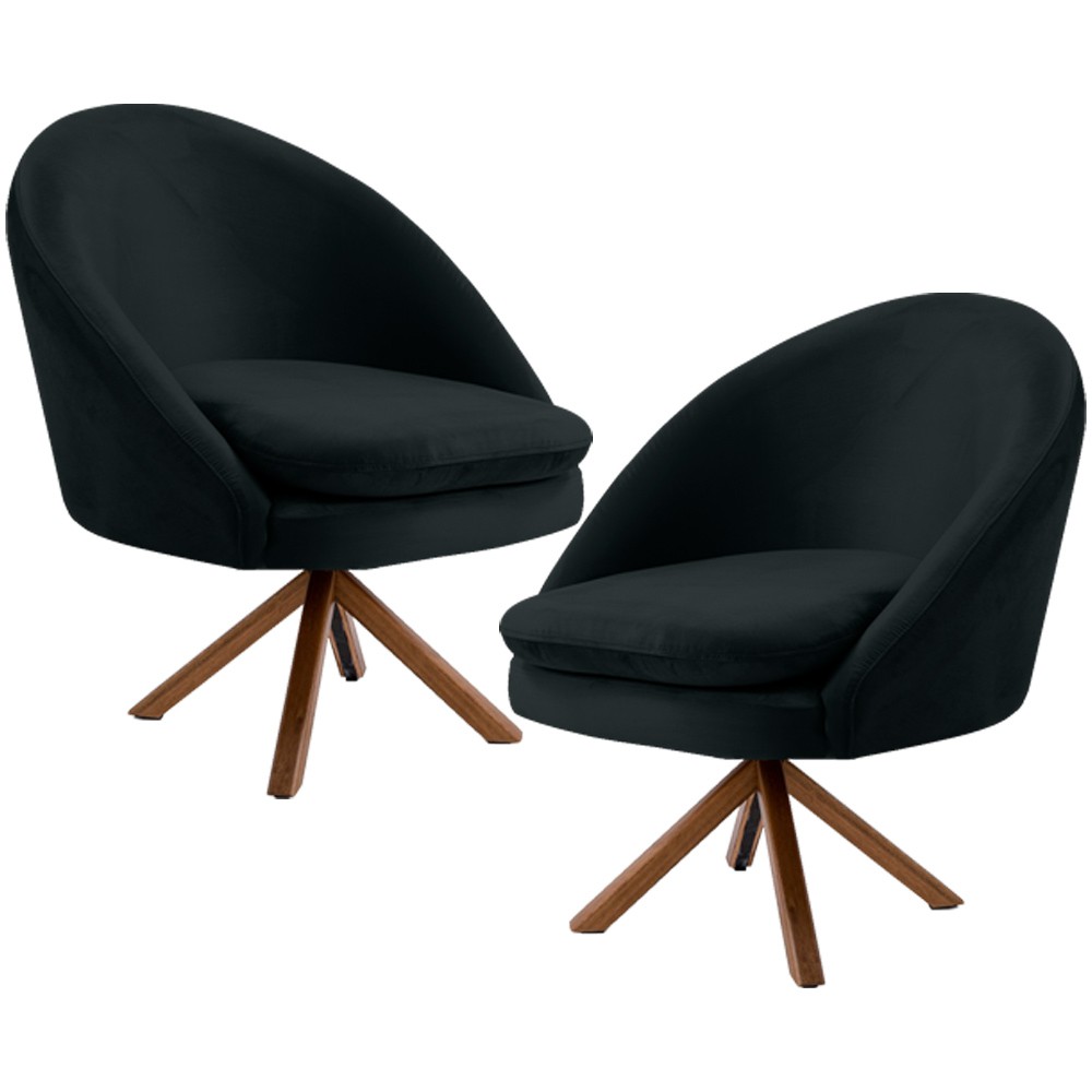 Kit 02 Poltronas Decorativa Base Giratória de Madeira Rafa D02 Veludo Preto B-300 - Lyam Decor