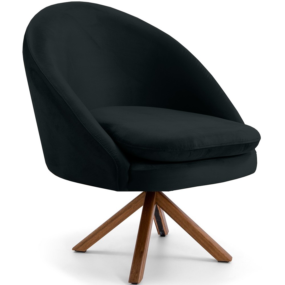 Kit 02 Poltronas Decorativa Base Giratória de Madeira Rafa D02 Veludo Preto B-300 - Lyam Decor