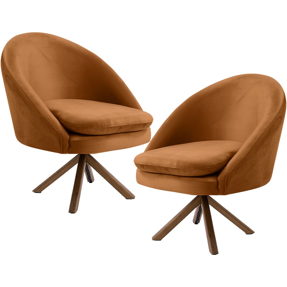 Kit 02 Poltronas Decorativa Base Giratória de Madeira Rafa D02 Veludo Telha B-262 - Lyam Decor