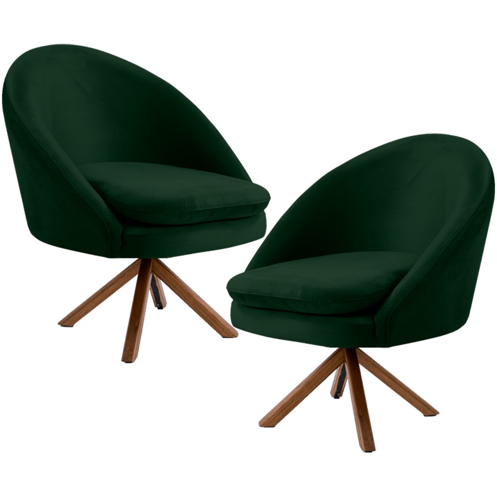 Kit 02 Poltronas Decorativa Base Giratória de Madeira Rafa D02 Veludo Verde B-303 - Lyam Decor