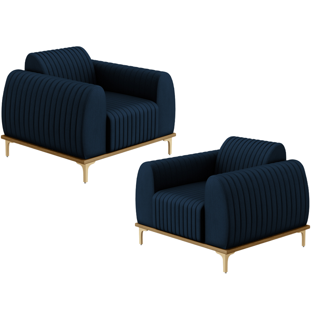 Kit 02 Poltronas Decorativa Base Madeira Pés D'Ouro Molino D02 Veludo Azul Oxford C-304 - Lyam Decor