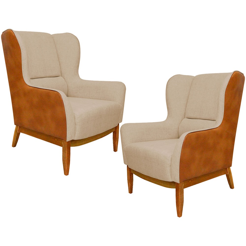 Kit 02 Poltronas Decorativa Base de Madeira Milena D02 Linho Bege C-129 Corano Marrom - Lyam Decor