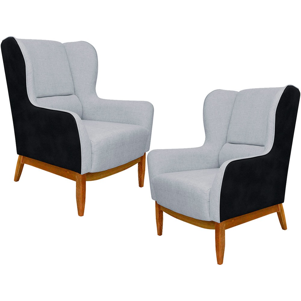 Kit 02 Poltronas Decorativa Base de Madeira Milena D02 Linho Cinza C-315 Corano Preto - Lyam Decor