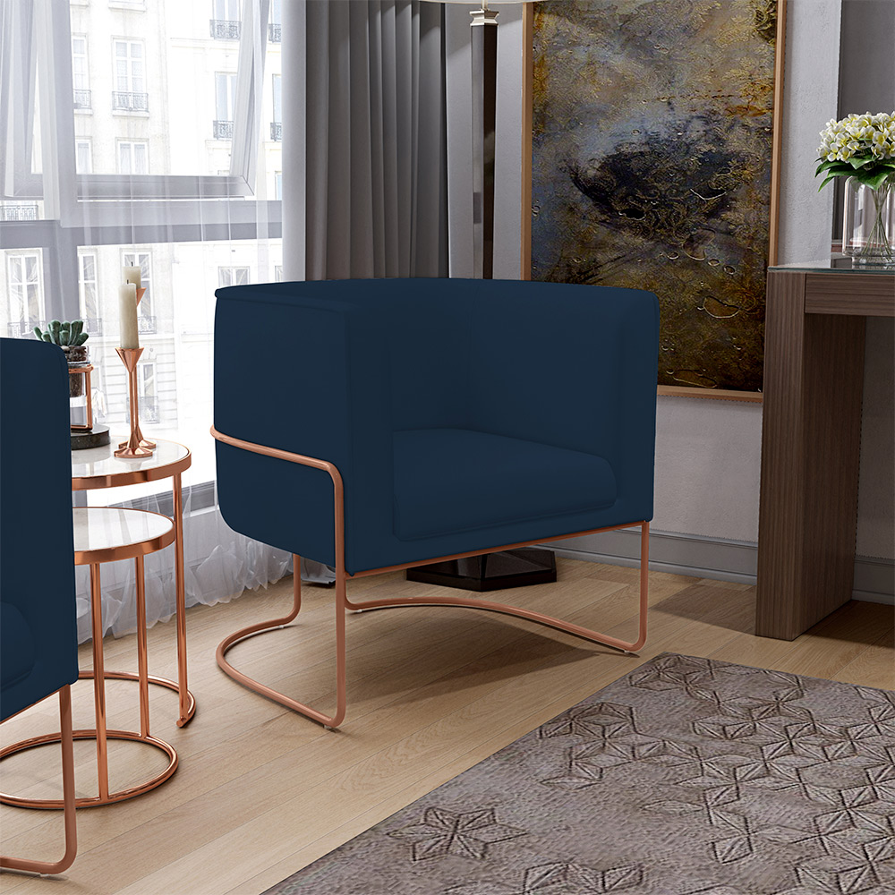 Kit 02 Poltronas Decorativa Fixa Base de Aço Cobre Betina D02 Veludo Azul Oxford C-304 - Lyam Decor