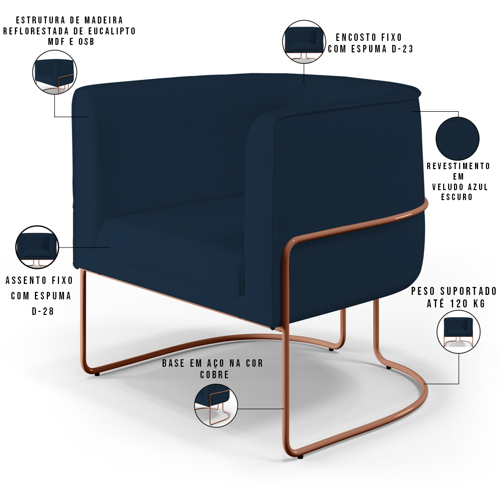 Kit 02 Poltronas Decorativa Fixa Base de Aço Cobre Betina D02 Veludo Azul Oxford C-304 - Lyam Decor