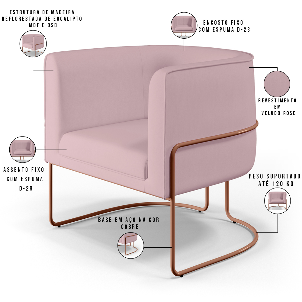 Kit 02 Poltronas Decorativa Fixa Base de Aço Cobre Betina D02 Veludo Rosê C-305 - Lyam Decor