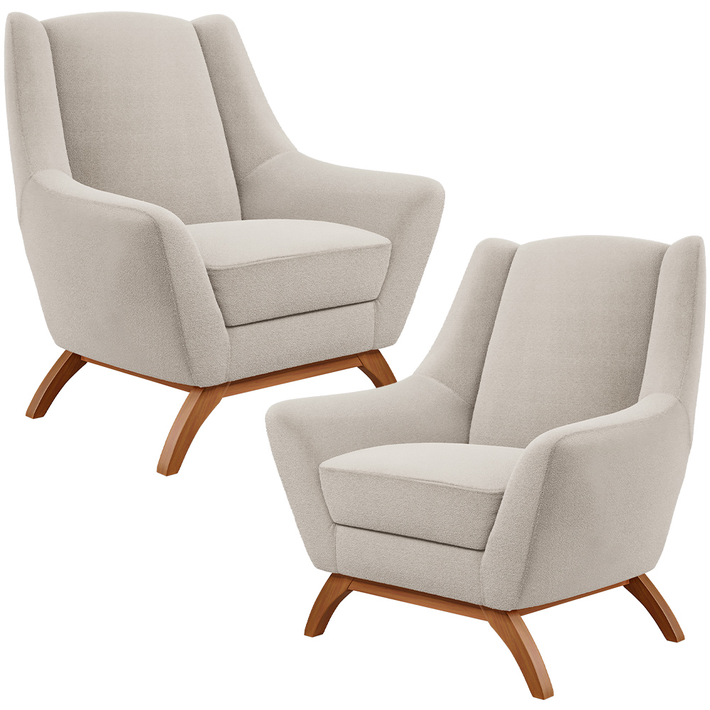 Kit 02 Poltronas Decorativa Fixa Base de Madeira Castanho Juliet D02 Bouclê Creme C-54 - Lyam Decor