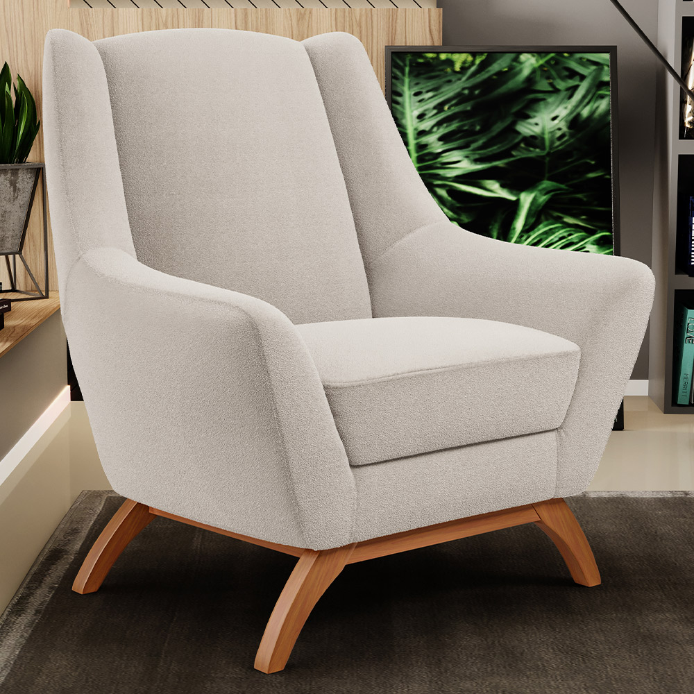 Kit 02 Poltronas Decorativa Fixa Base de Madeira Castanho Juliet D02 Bouclê Creme C-54 - Lyam Decor
