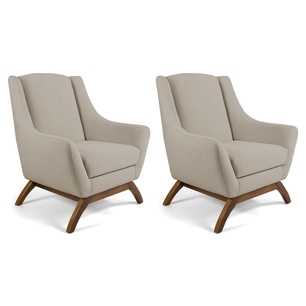 Kit 02 Poltronas Decorativa Fixa Base de Madeira Juliet D02 Linho Bege C-129 - Lyam Decor