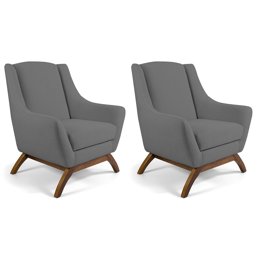 Kit 02 Poltronas Decorativa Fixa Base de Madeira Juliet D02 Linho Cinza C-416 - Lyam Decor