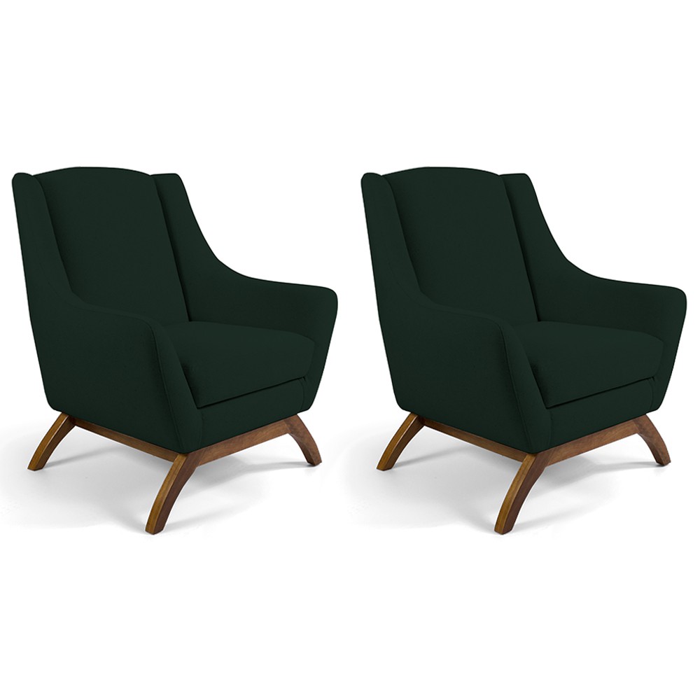 Kit 02 Poltronas Decorativa Fixa Base de Madeira Juliet D02 Linho Verde C-117 - Lyam Decor