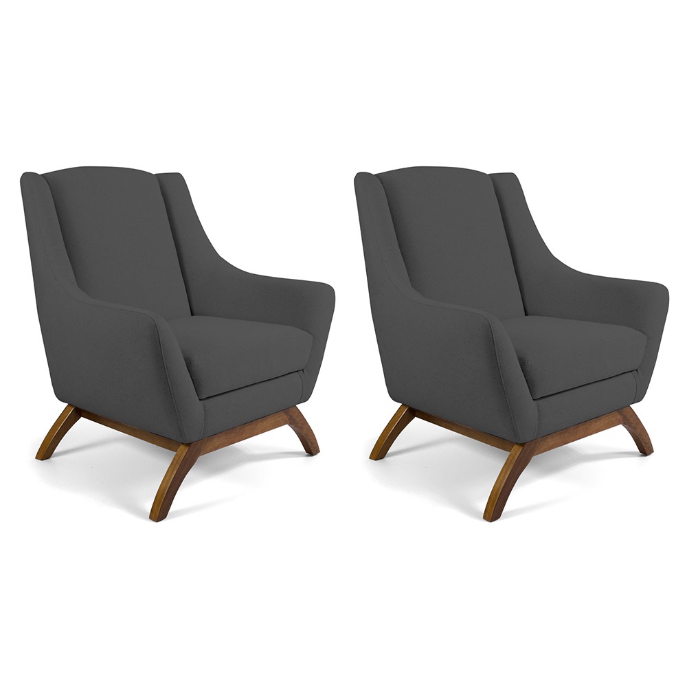 Kit 02 Poltronas Decorativa Fixa Base de Madeira Juliet D02 Veludo Cinza C-317 - Lyam Decor