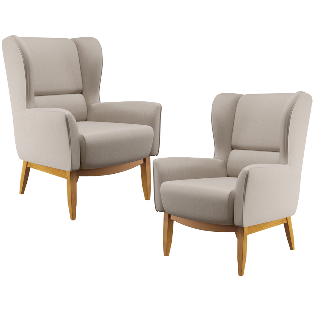 Kit 02 Poltronas Decorativa Fixa Base de Madeira Milena D02 Linho Bege C-107 - Lyam Decor