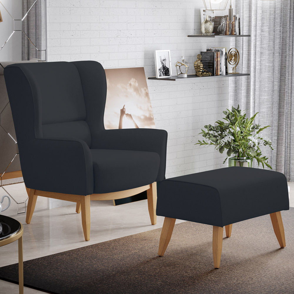 Kit 02 Poltronas Decorativa Fixa Base de Madeira Milena D02 Linho Chumbo D-465 - Lyam Decor