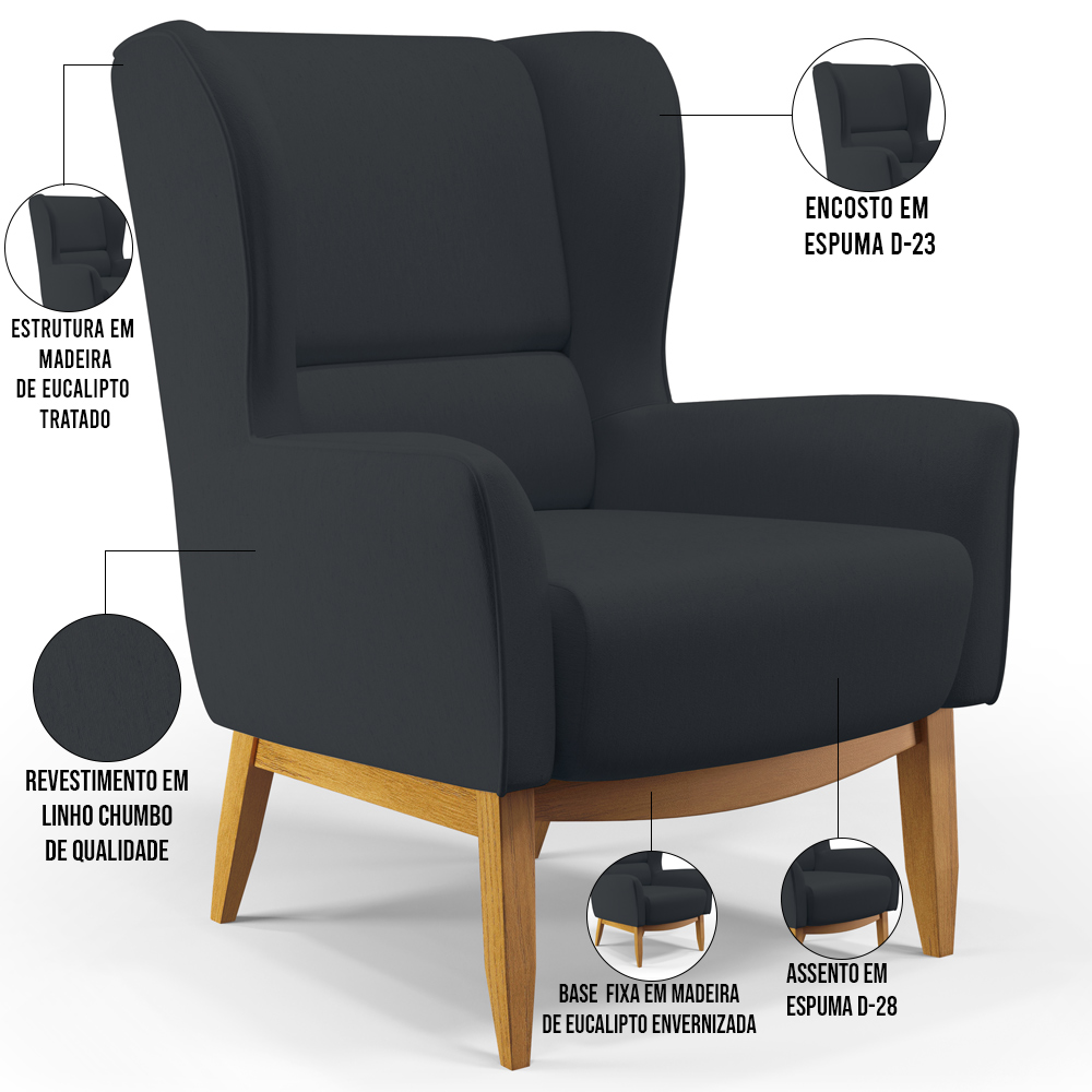 Kit 02 Poltronas Decorativa Fixa Base de Madeira Milena D02 Linho Chumbo D-465 - Lyam Decor