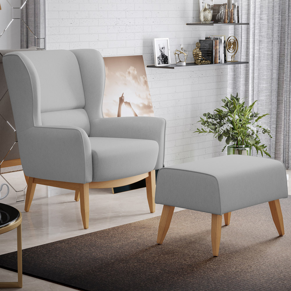 Kit 02 Poltronas Decorativa Fixa Base de Madeira Milena D02 Linho Cinza D-315 - Lyam Decor