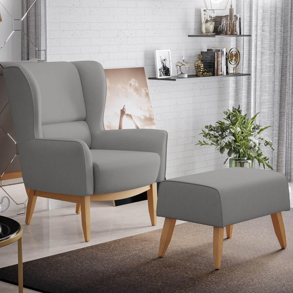 Kit 02 Poltronas Decorativa Fixa Base de Madeira Milena D02 Linho Cinza Escuro C-416 - Lyam Decor