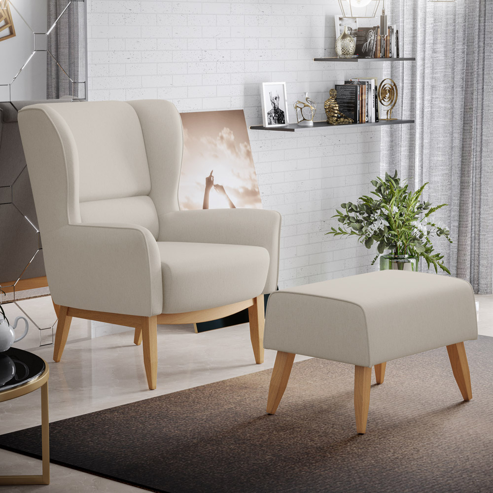 Kit 02 Poltronas Decorativa Fixa Base de Madeira Milena D02 Linho Cru C-443 - Lyam Decor