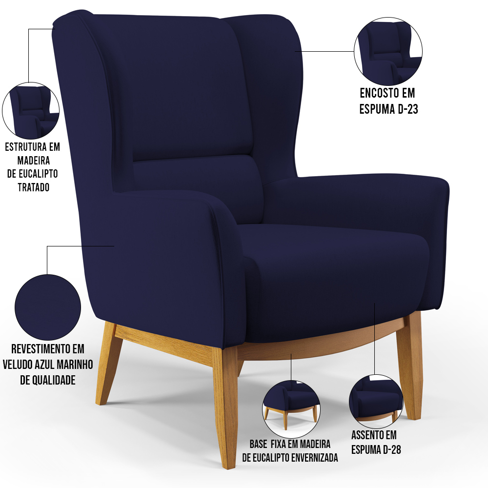 Kit 02 Poltronas Decorativa Fixa Base de Madeira Milena D02 Veludo Azul Marinho C-304 - Lyam Decor