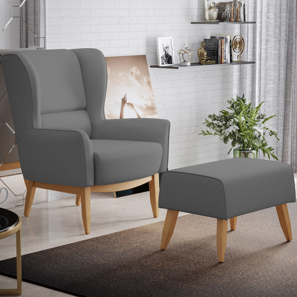 Kit 02 Poltronas Decorativa Fixa Base de Madeira Milena D02 Veludo Cinza C-317 - Lyam Decor