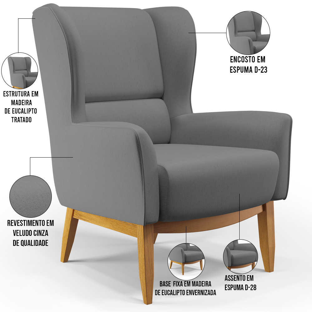 Kit 02 Poltronas Decorativa Fixa Base de Madeira Milena D02 Veludo Cinza C-317 - Lyam Decor