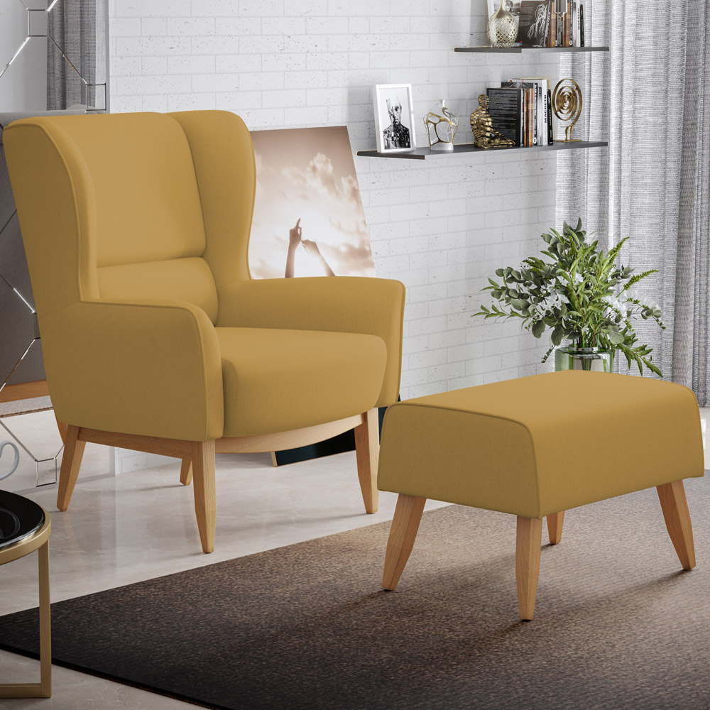 Kit 02 Poltronas Decorativa Fixa Base de Madeira Milena D02 Veludo Mostarda C-260 - Lyam Decor