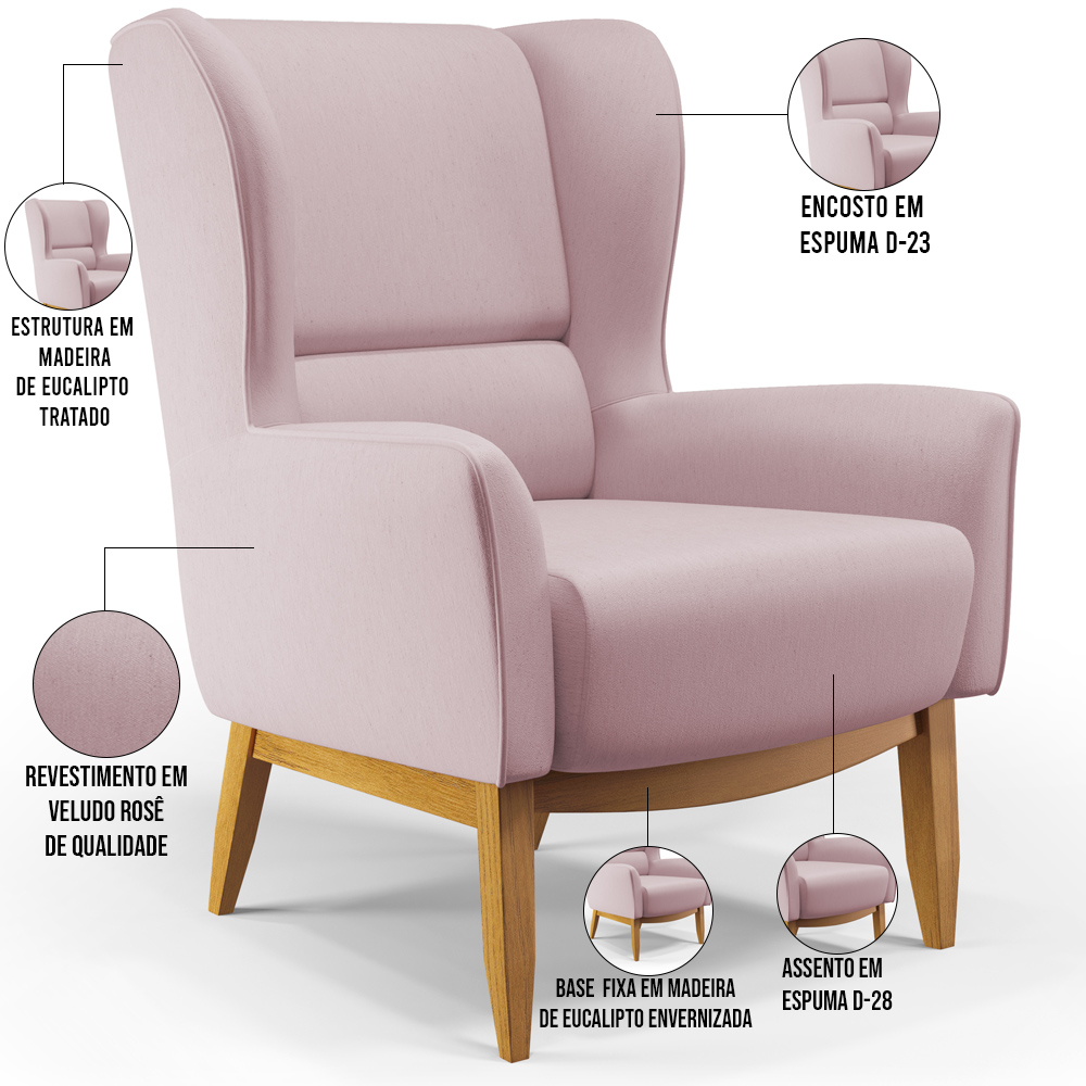Kit 02 Poltronas Decorativa Fixa Base de Madeira Milena D02 Veludo Rosê C-305 - Lyam Decor