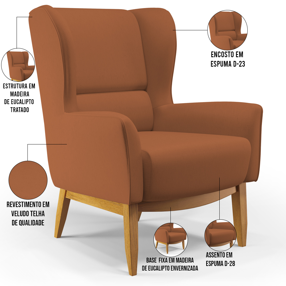 Kit 02 Poltronas Decorativa Fixa Base de Madeira Milena D02 Veludo Telha C-262 - Lyam Decor