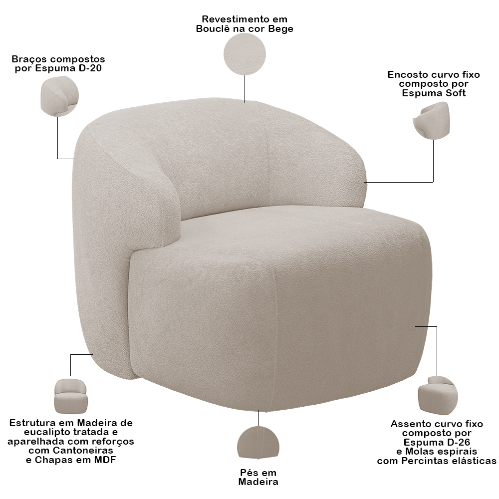 Kit 02 Poltronas Decorativa Fixa Orgânica Para Sala Living Barolo L06 Bouclê Bege - Lyam Decor