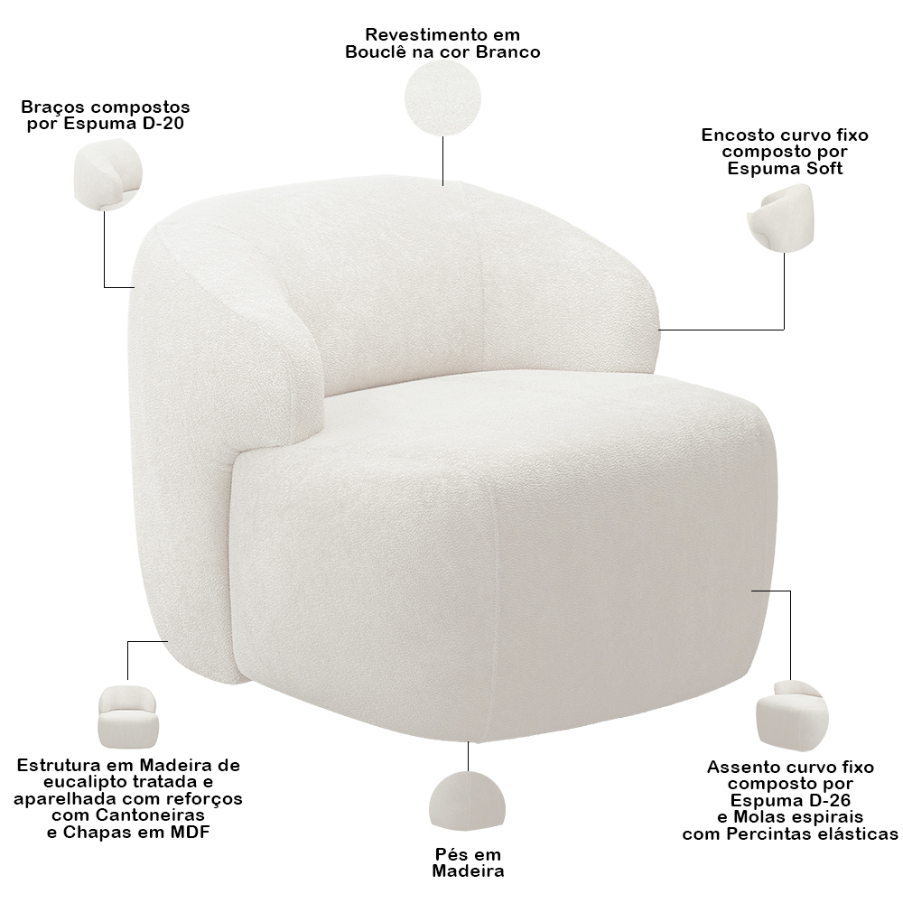 Kit 02 Poltronas Decorativa Fixa Orgânica Para Sala Living Barolo L06 Bouclê Branco - Lyam Decor