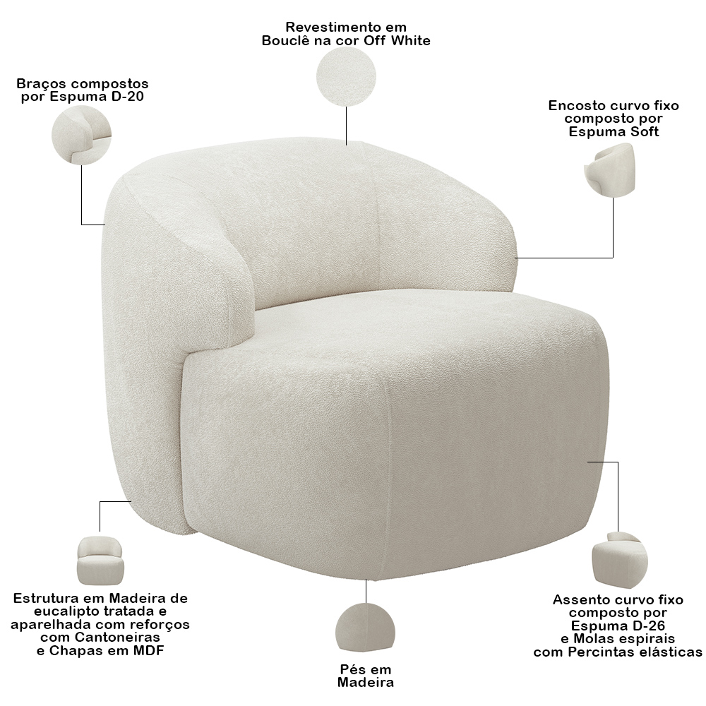 Kit 02 Poltronas Decorativa Fixa Orgânica Para Sala Living Barolo L06 Bouclê Off White - Lyam Decor