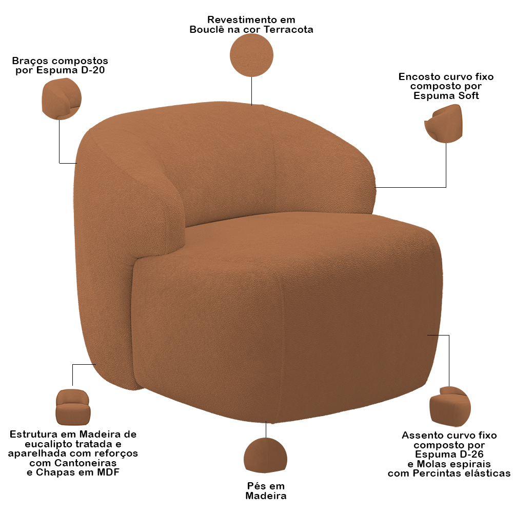 Kit 02 Poltronas Decorativa Fixa Orgânica Para Sala Living Barolo L06 Bouclê Terracota - Lyam Decor