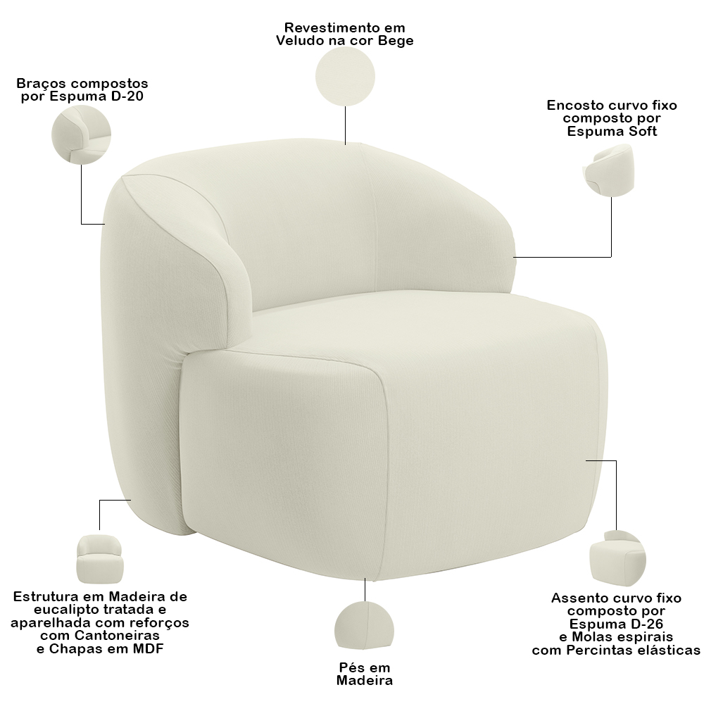 Kit 02 Poltronas Decorativa Fixa Orgânica Para Sala Living Barolo L06 Veludo Bege - Lyam Decor